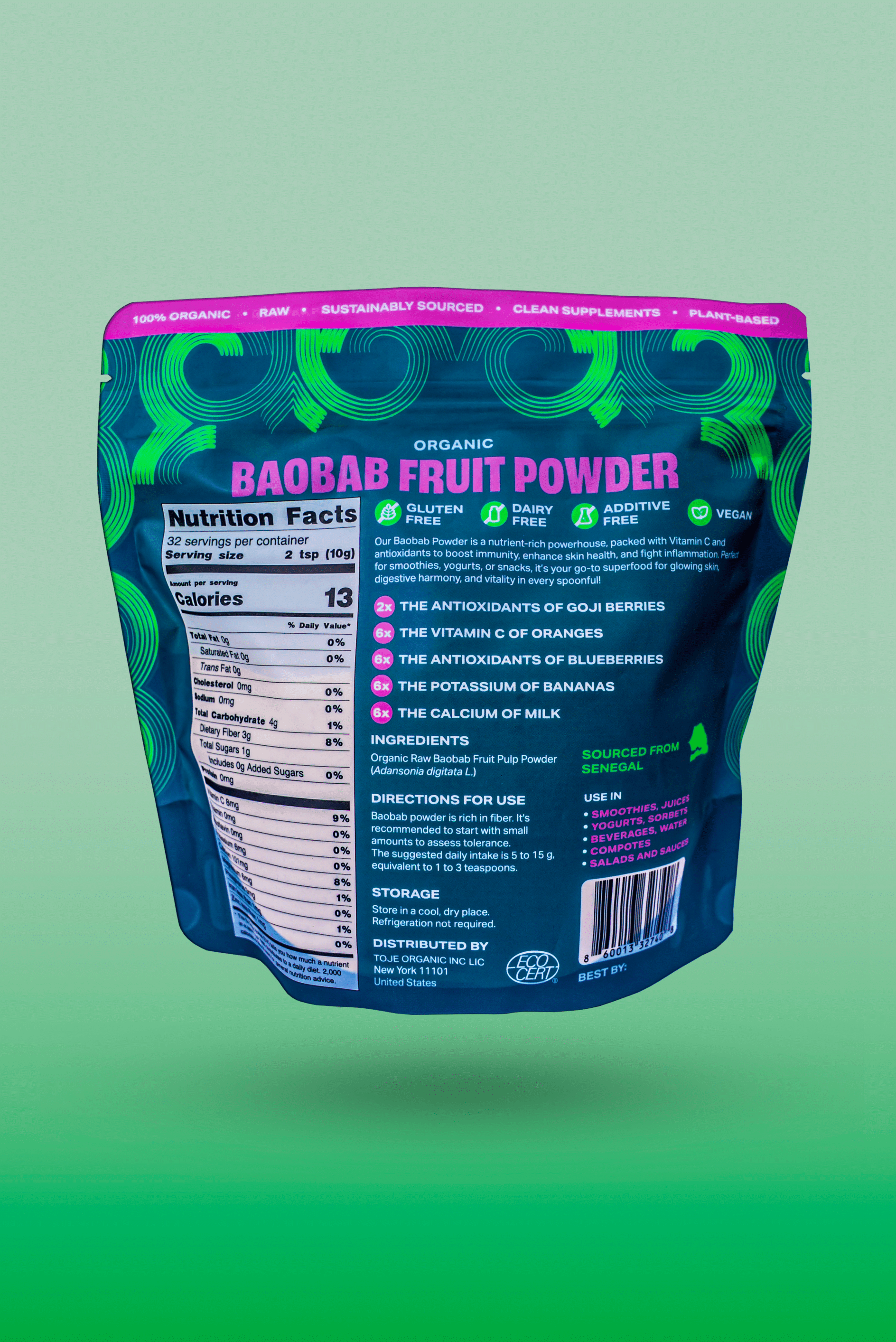 TOJE Organics – 100% Organic Baobab Fruit Powder (11.3 oz)  Raw • Plant-Based • Sustainably Sourced from Senegal